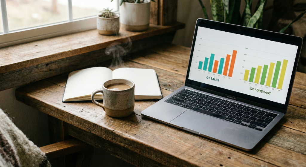 Ένας επαγγελματίας κάνει ανάλυση ανταγωνισμού SEO σε ένα ζεστό, ξύλινο γραφείο με τον καφέ του