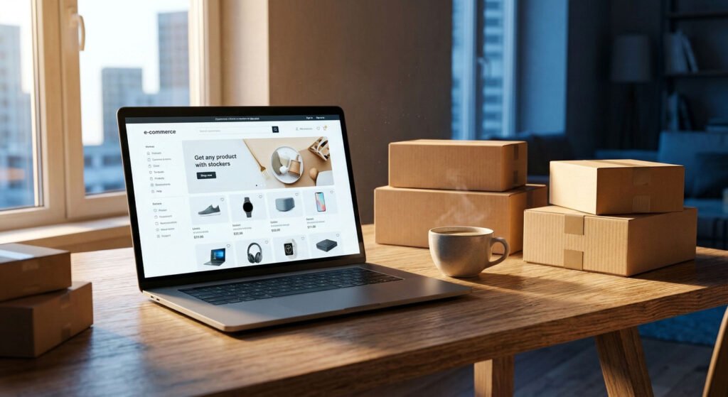 Σύγχρονο γραφείο με υπολογιστή, κούπα καφέ και κουτιά αποστολής δεμάτων, που συμβολίζει την επιτυχημένη έναρξη ενός νέου E-Shop.